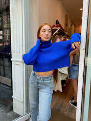 Jemma Cropped Turtleneck in Blue w/Thumbholes