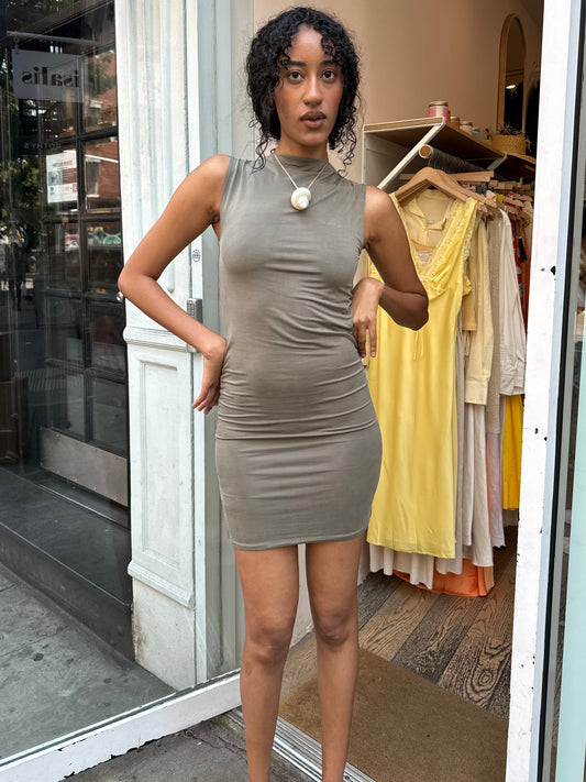 Cupro Jersey Mini Dress in Smokey Olive