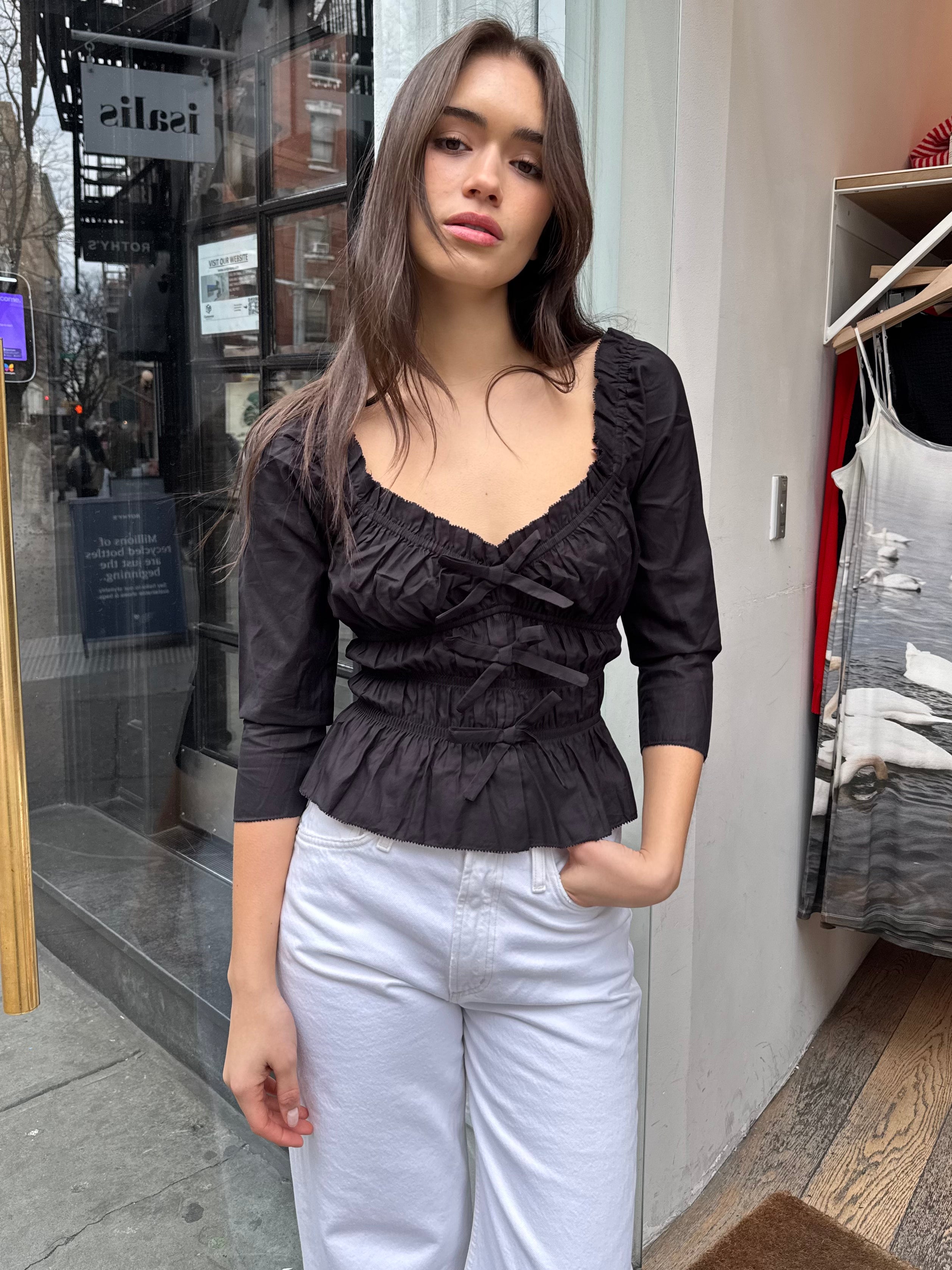 Ekin Bow Ruched Top in Black