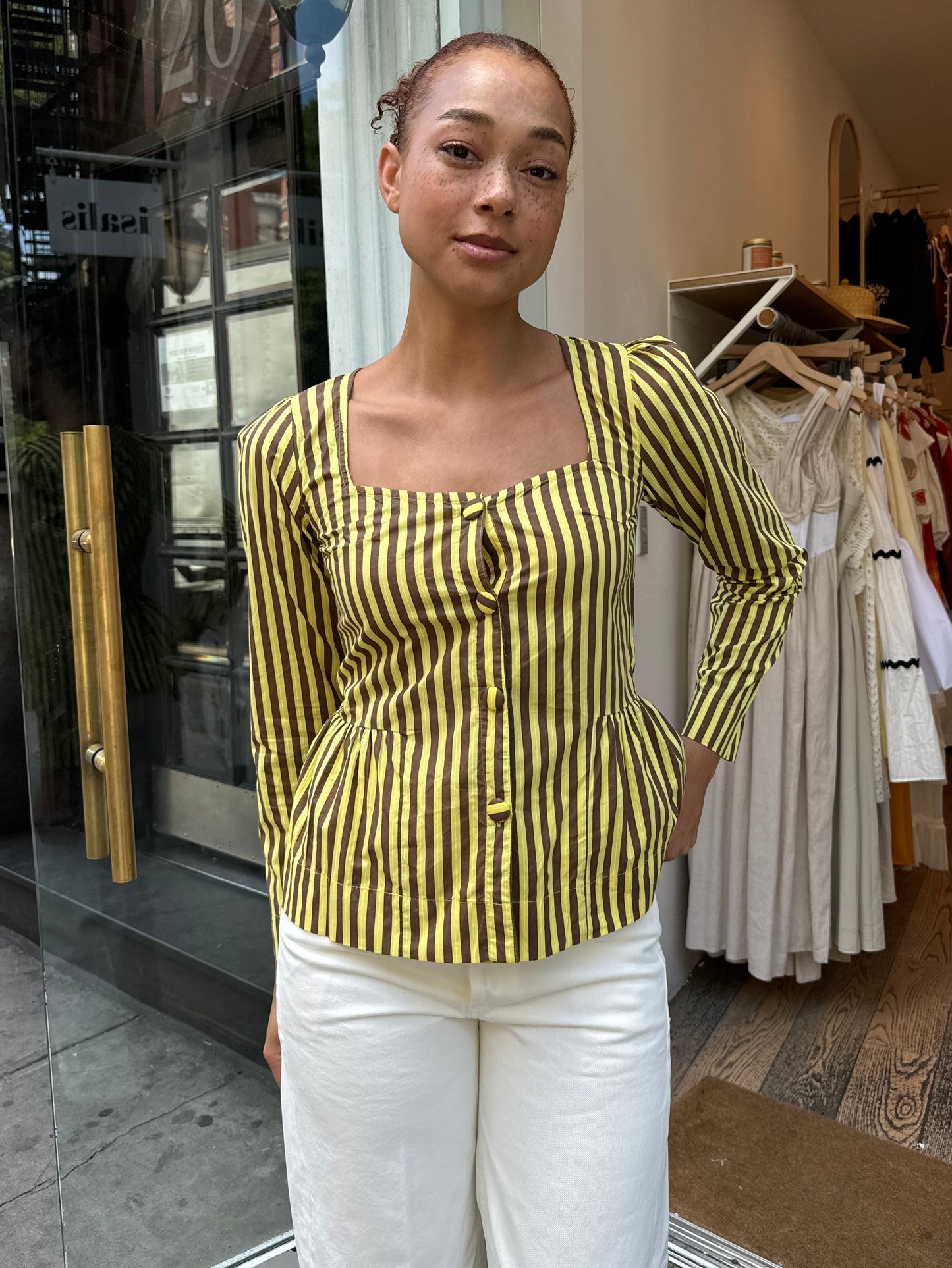 Eloise Stripe Blouse in Yellow/Chocolate