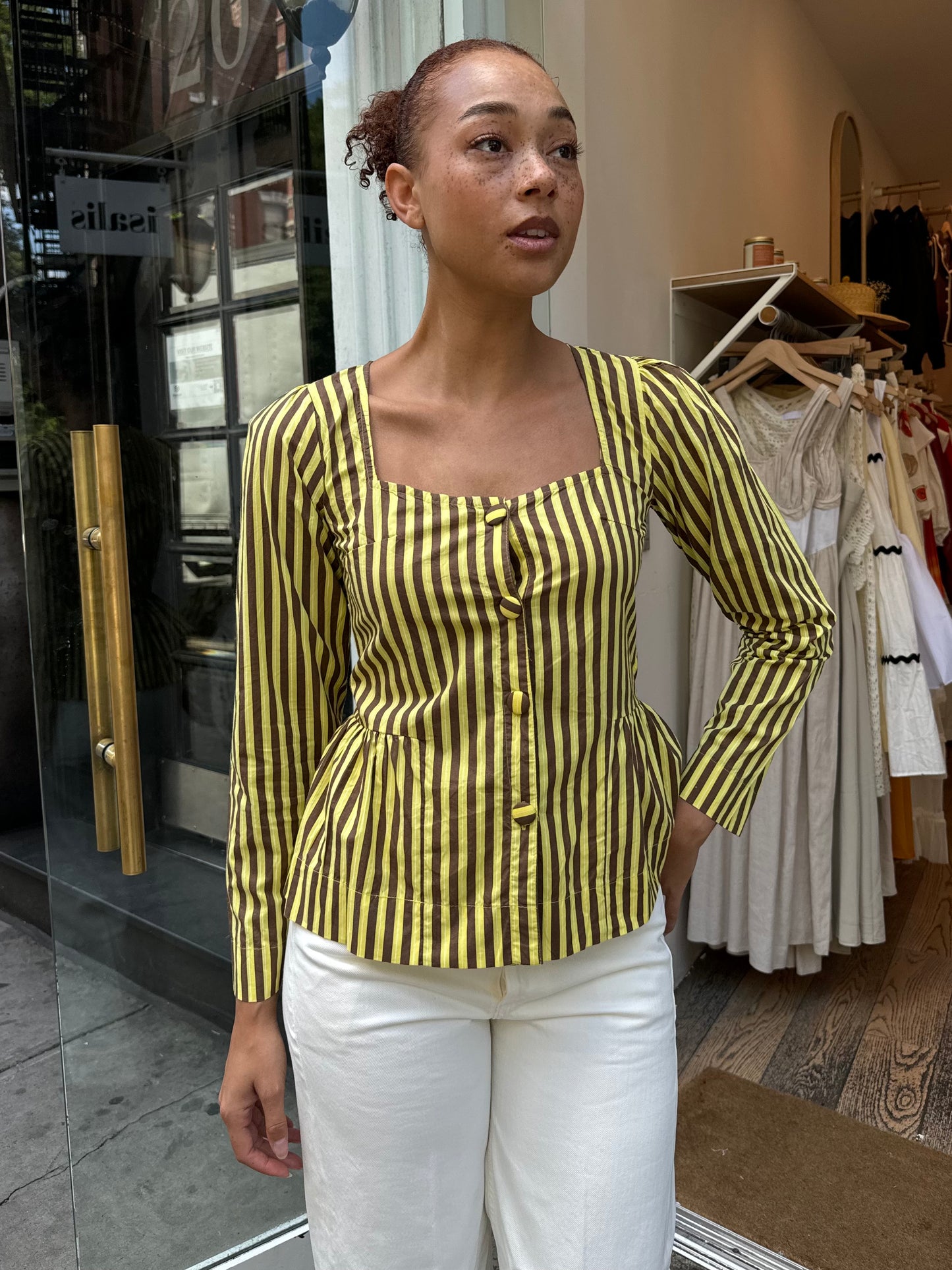 Eloise Stripe Blouse in Yellow/Chocolate