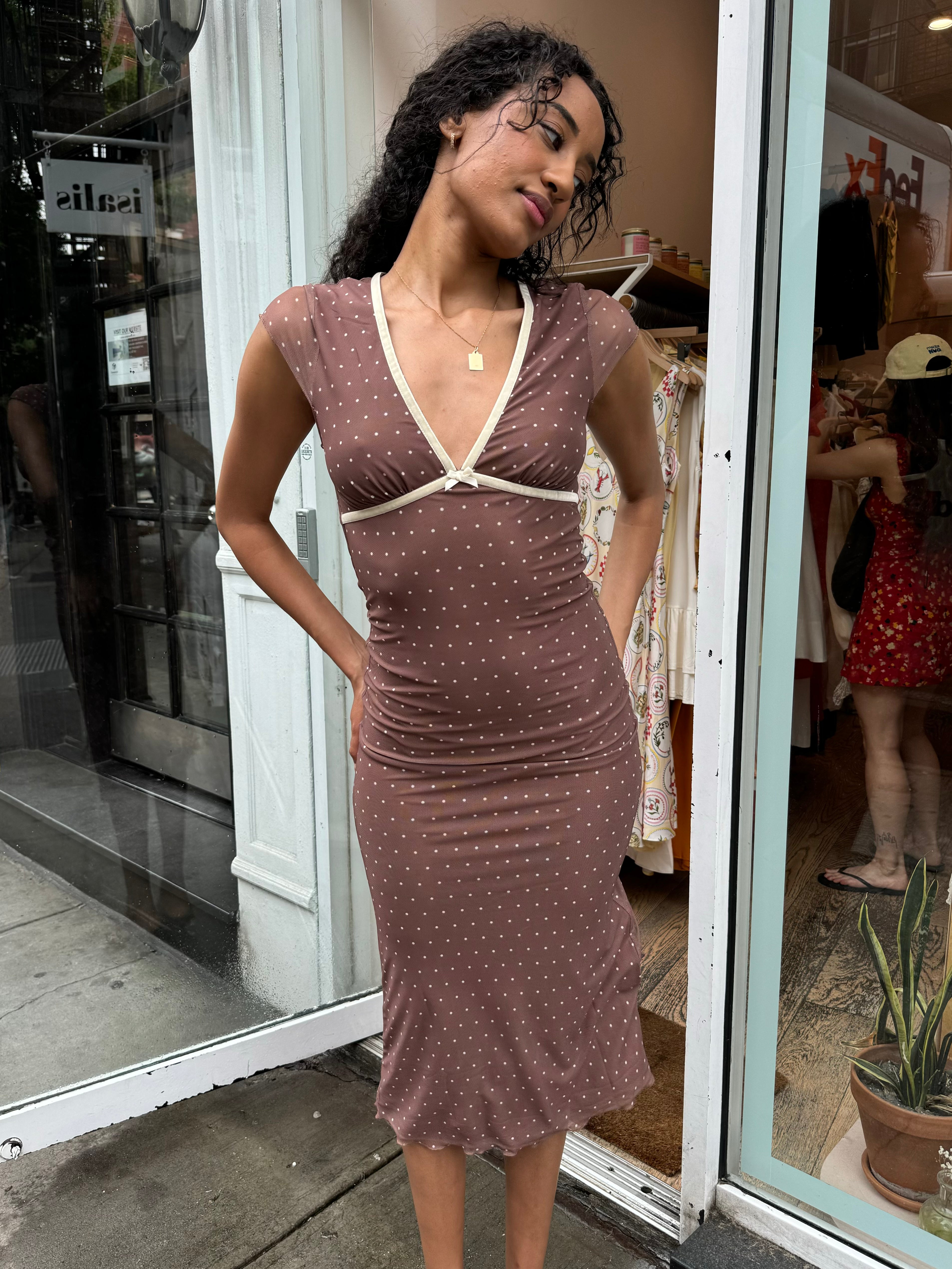 Elliana Mesh Midi Dress in Cocoa Polka Dot