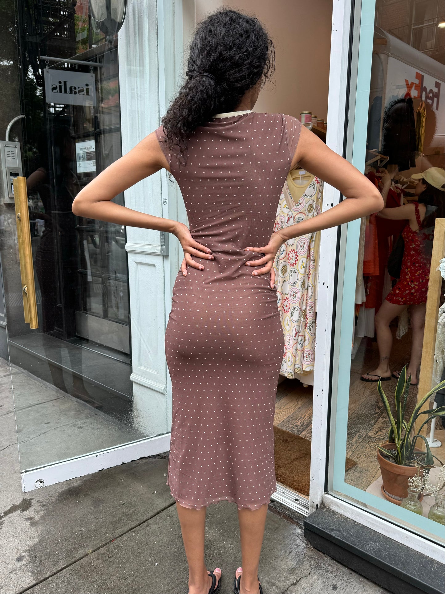 Elliana Mesh Midi Dress in Cocoa Polka Dot