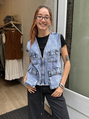 Kenna Denim Cargo Vest in Blue