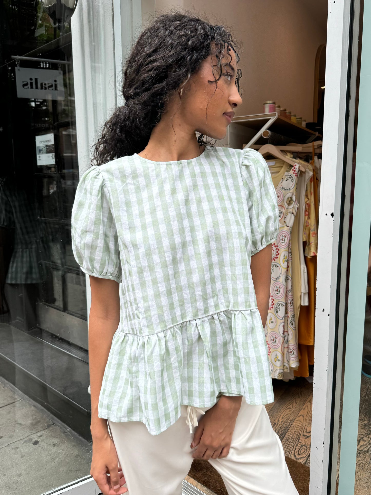 Cally Tie Front Blouse in Minty Plaid