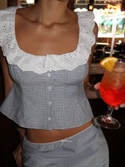 Gingham Paloma Lace Top in Powder Blue