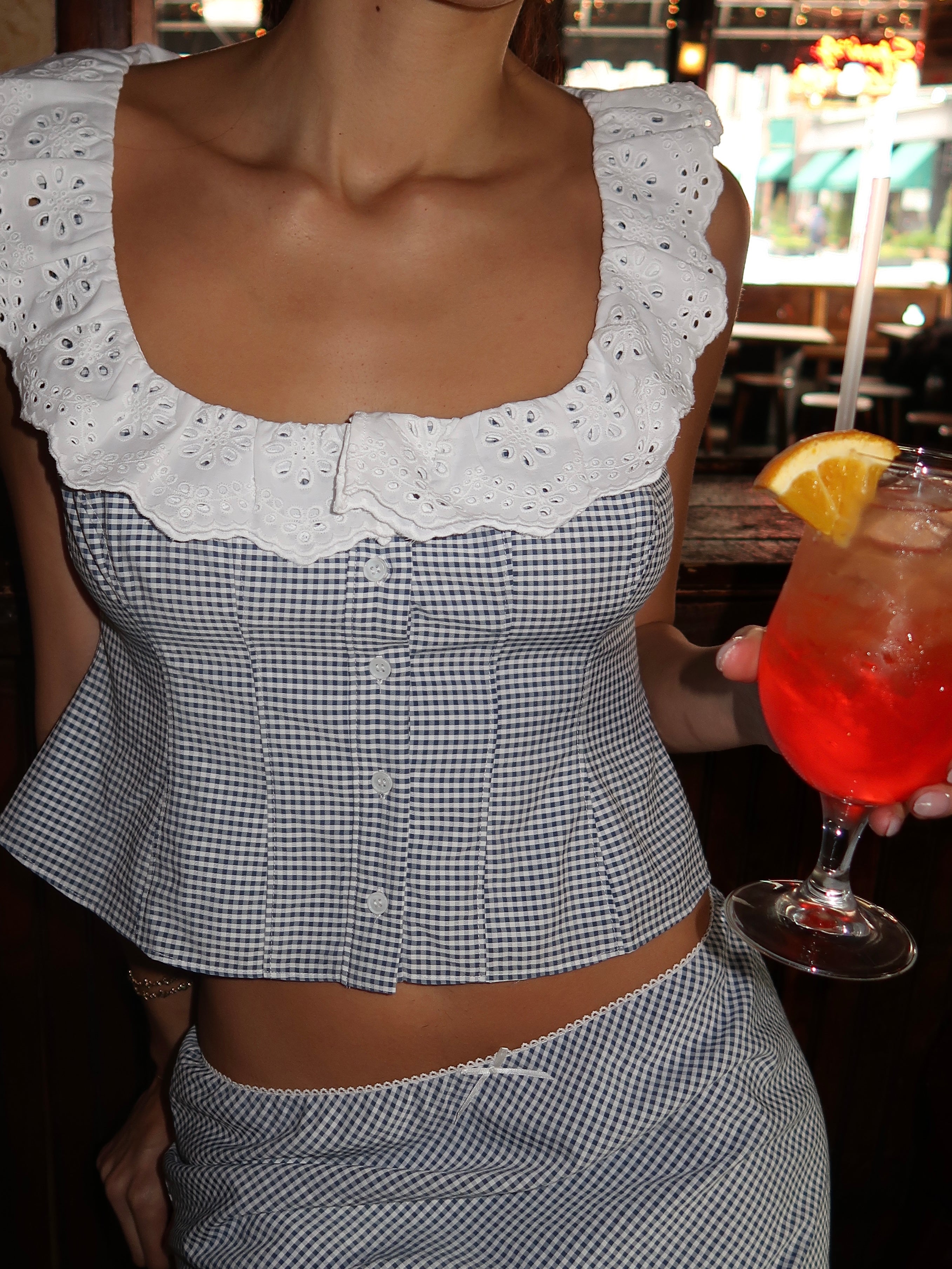 Gingham Paloma Lace Top in Powder Blue