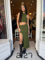 Kale Knit Slit Skirt in Olive