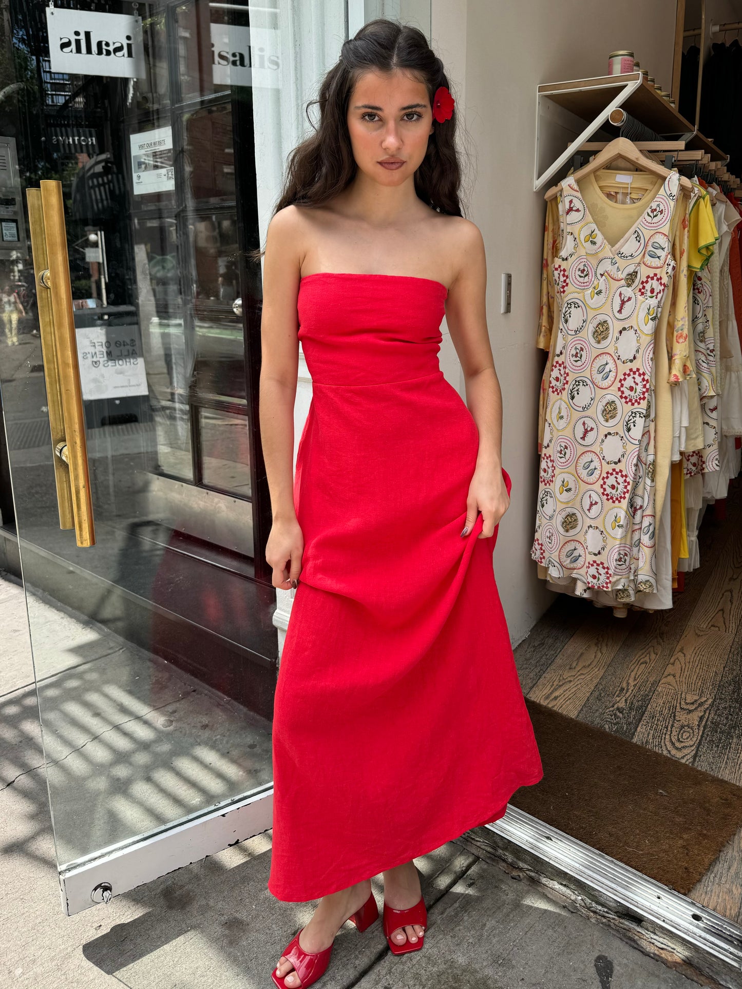 Nara Linen Strapless Dress in Red