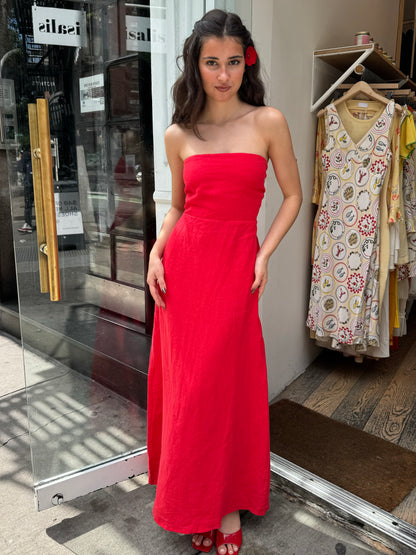 Nara Linen Strapless Dress in Red