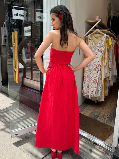 Nara Linen Strapless Dress in Red