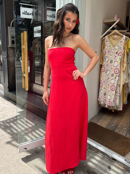 Nara Linen Strapless Dress in Red