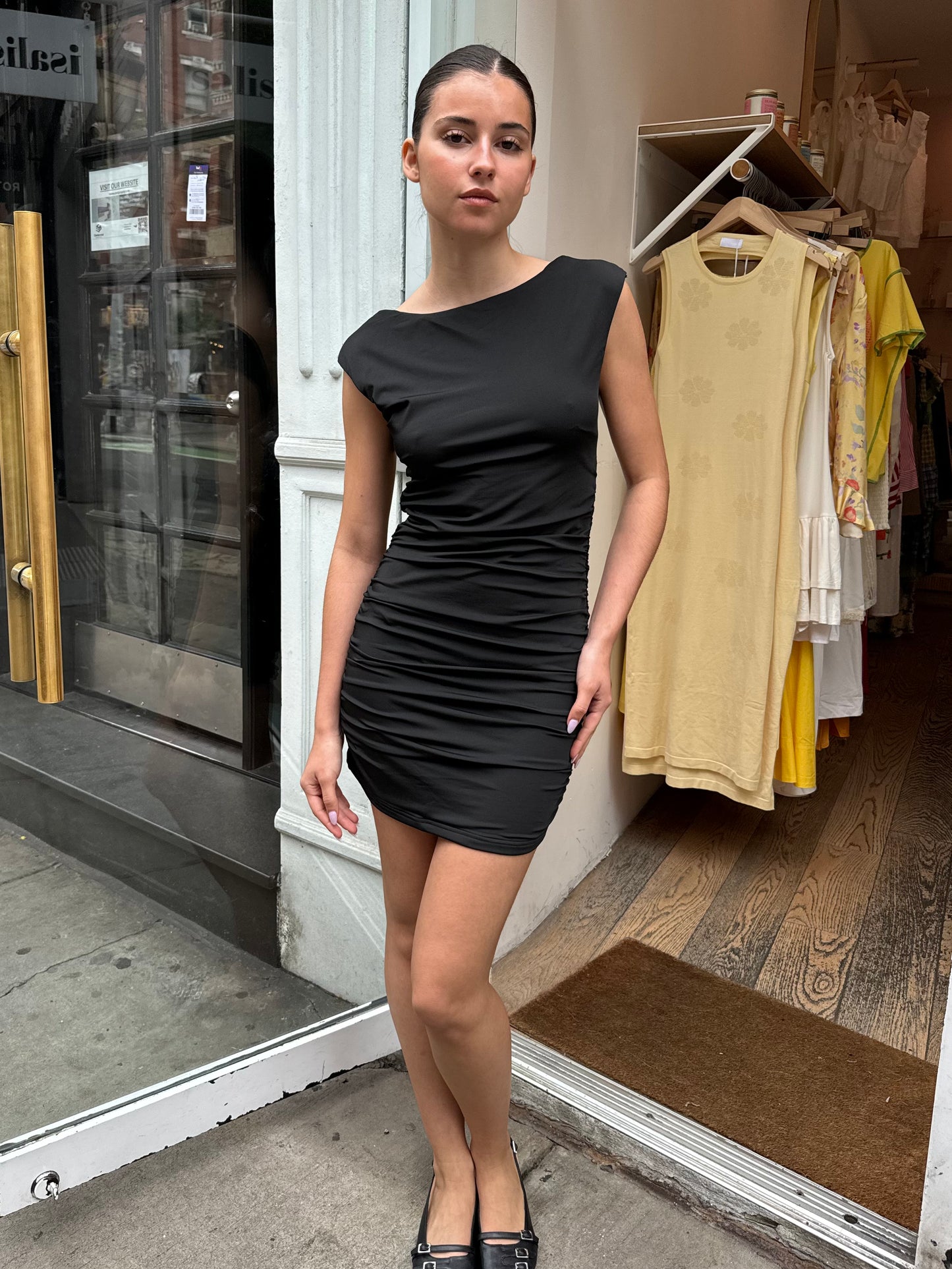 Ava Ruched Mini Dress in Black