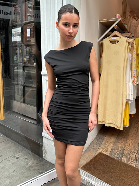 Ava Ruched Mini Dress in Black