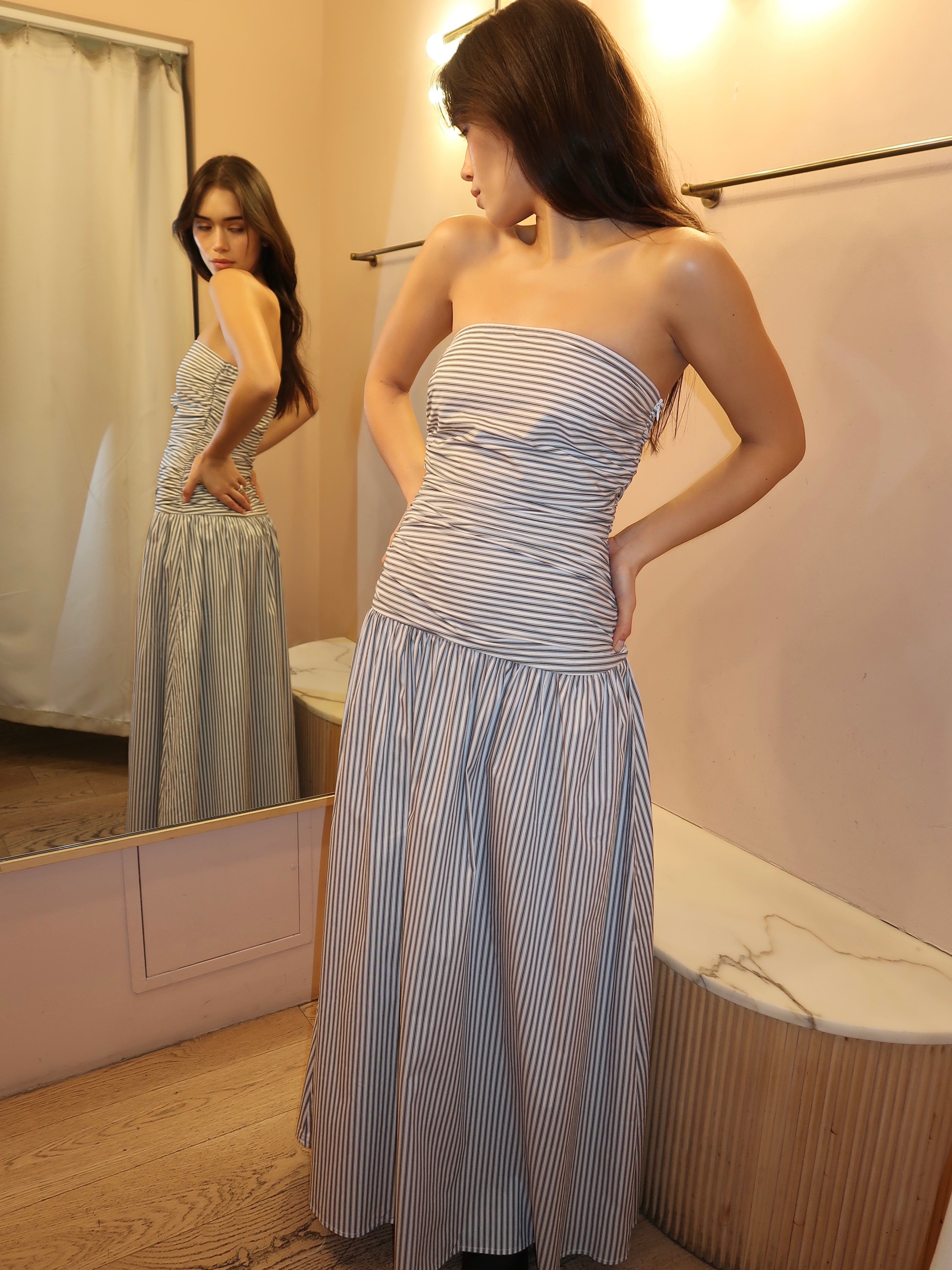 Haydon Strapless Midi Dress in Grey Stripe