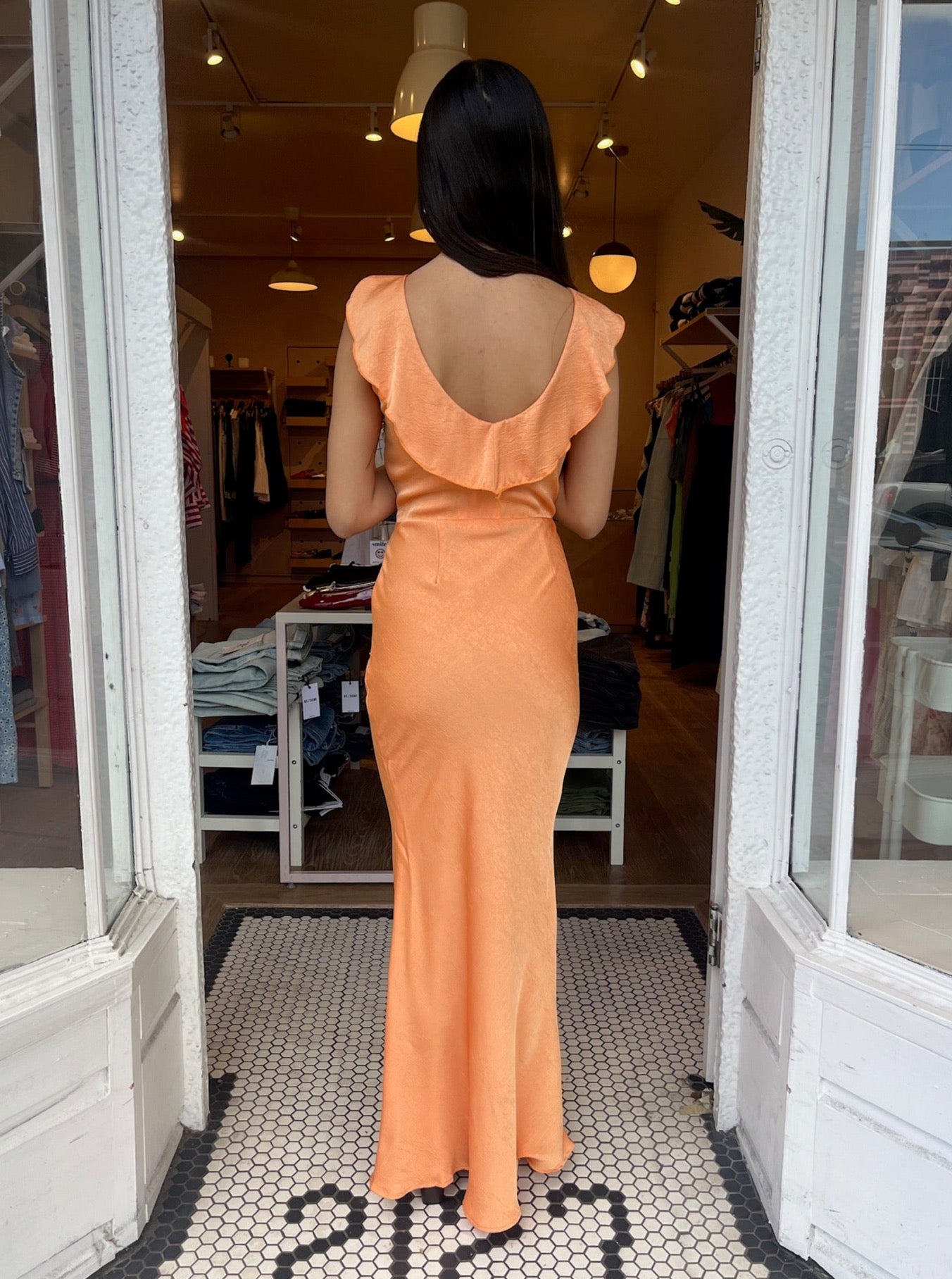 Orange satin dress long best sale