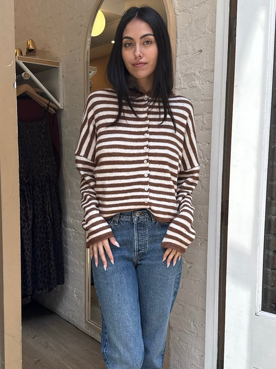 Pisces Button Down Cardigan in Brown & Ivory Stripe