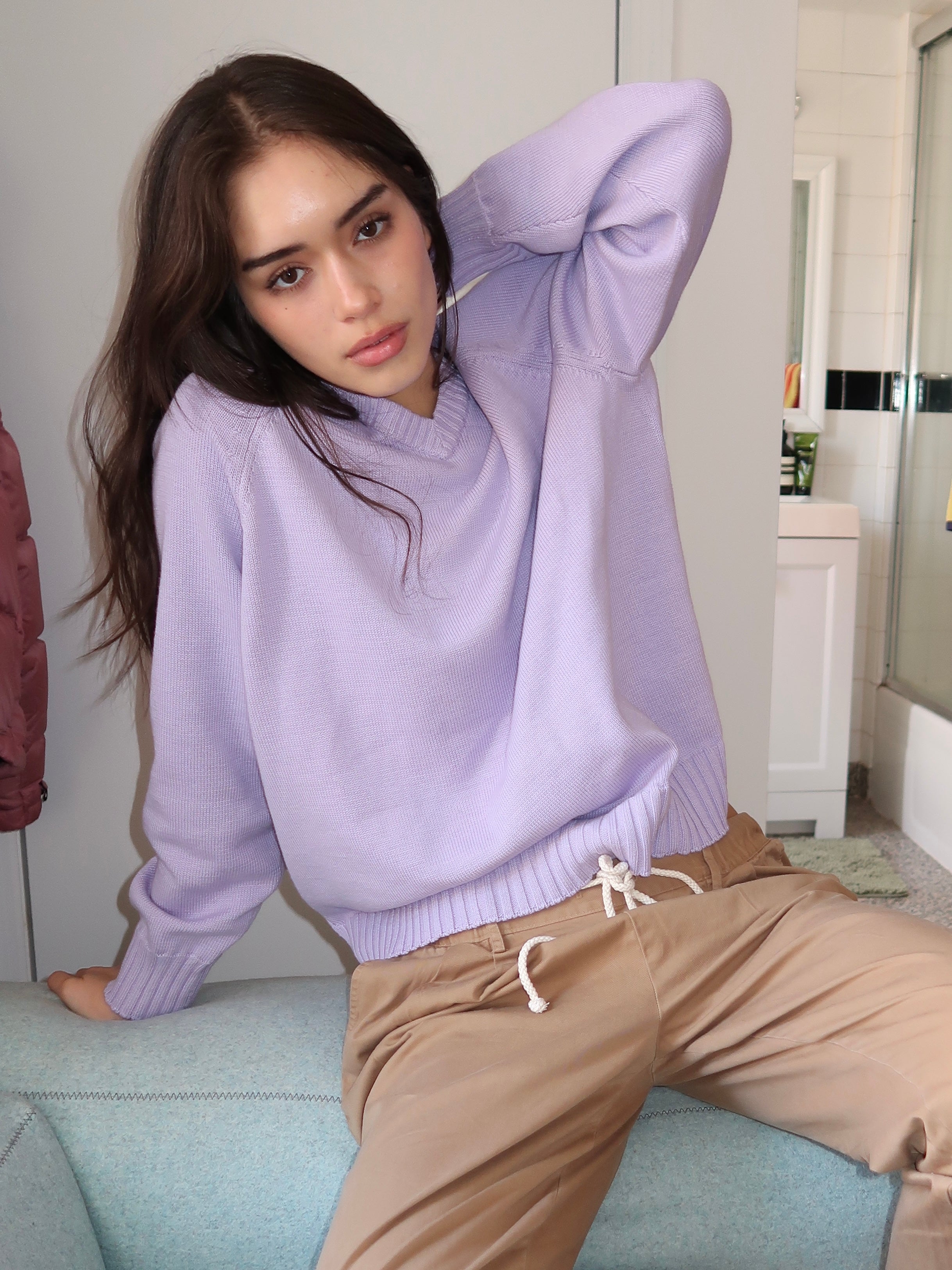 The Cotton Knit V-Neck Sweater in Taro