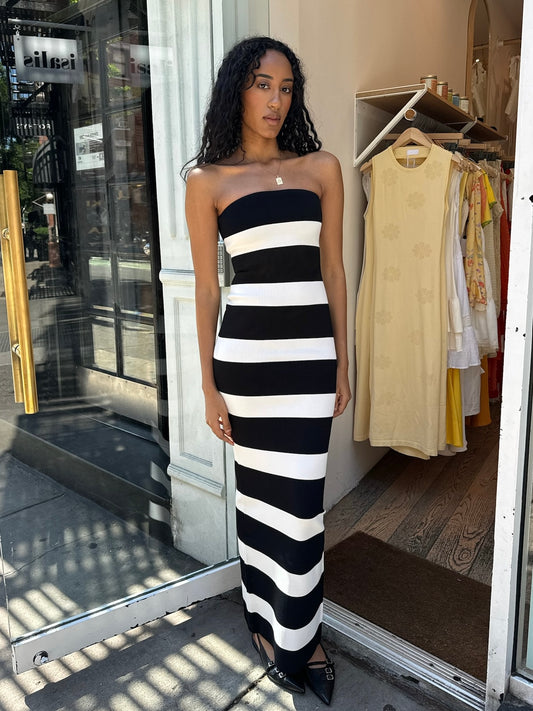 Lehua Knit Dress in Black and White Stripe