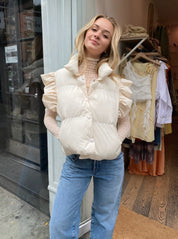 Ryanna Ruffle Crop Puffer Vest in Cream