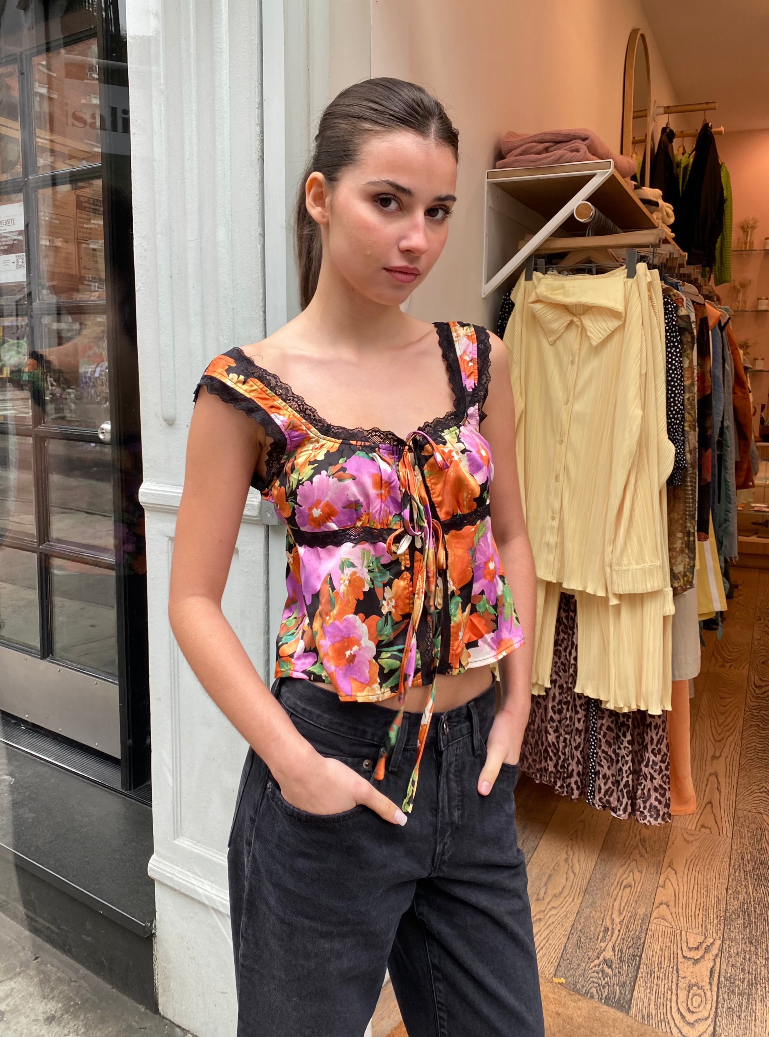 Paradise Tie Front Top in Orange & Black Floral