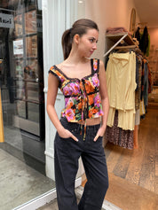 Paradise Tie Front Top in Orange & Black Floral