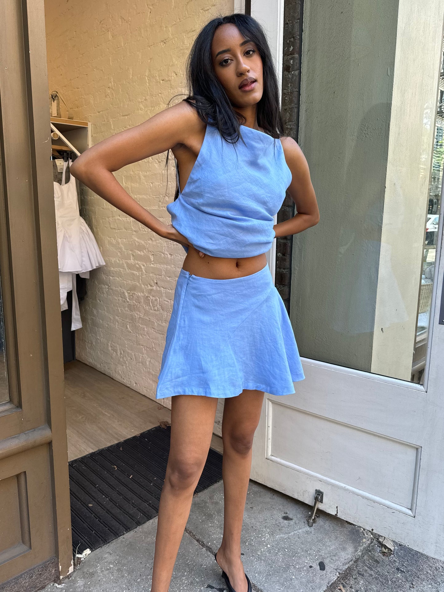 Antibes Asymmetrical Mini Skirt in Mid Blue