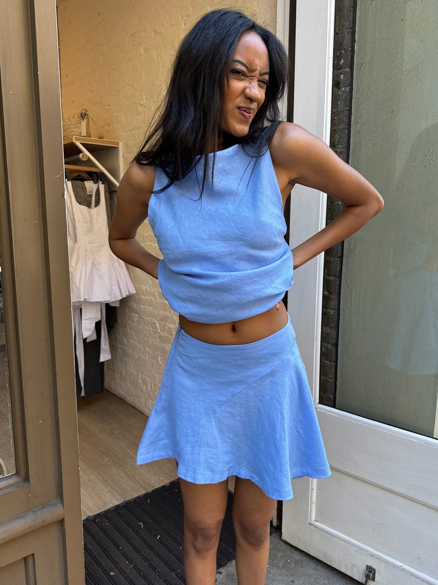 Antibes Asymmetrical Mini Skirt in Mid Blue