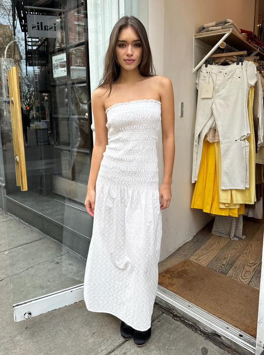 Hempstead Smocked Tube Dress in White Eyelet