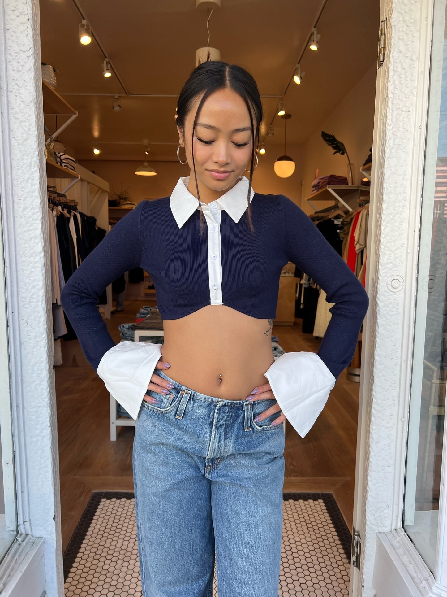 Finn Collared Top in Navy