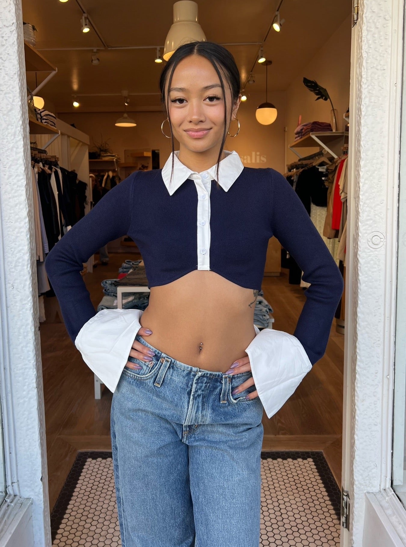 Finn Collared Top in Navy