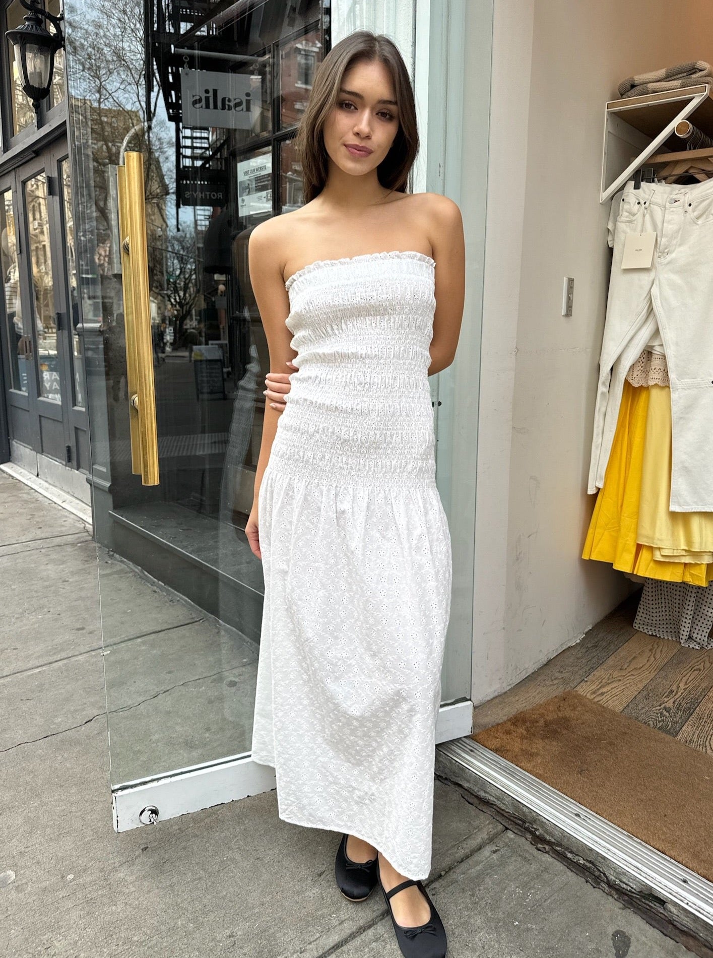 Hempstead Smocked Tube Dress in White Eyelet