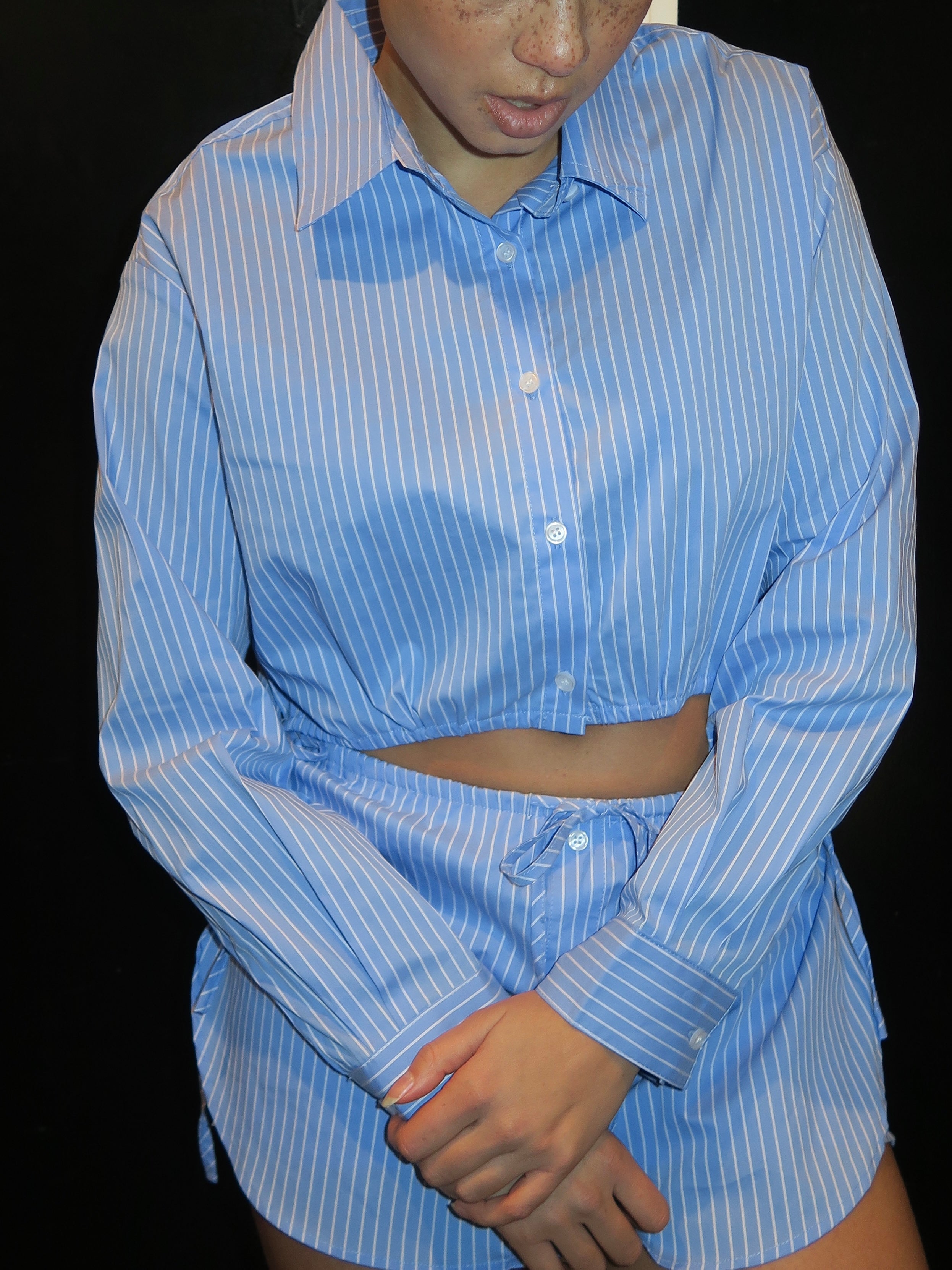 Tomy Crop Button Up in Blue Stripe