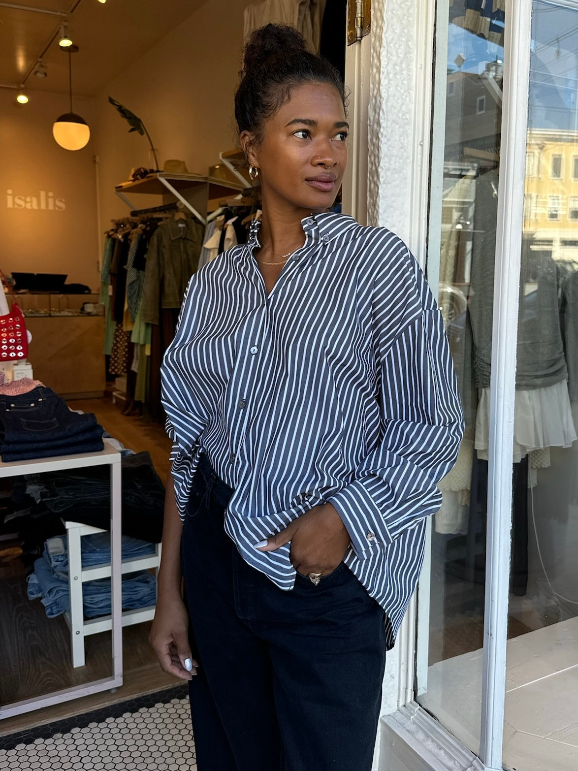 Spearmint Striped Button Down in B&W