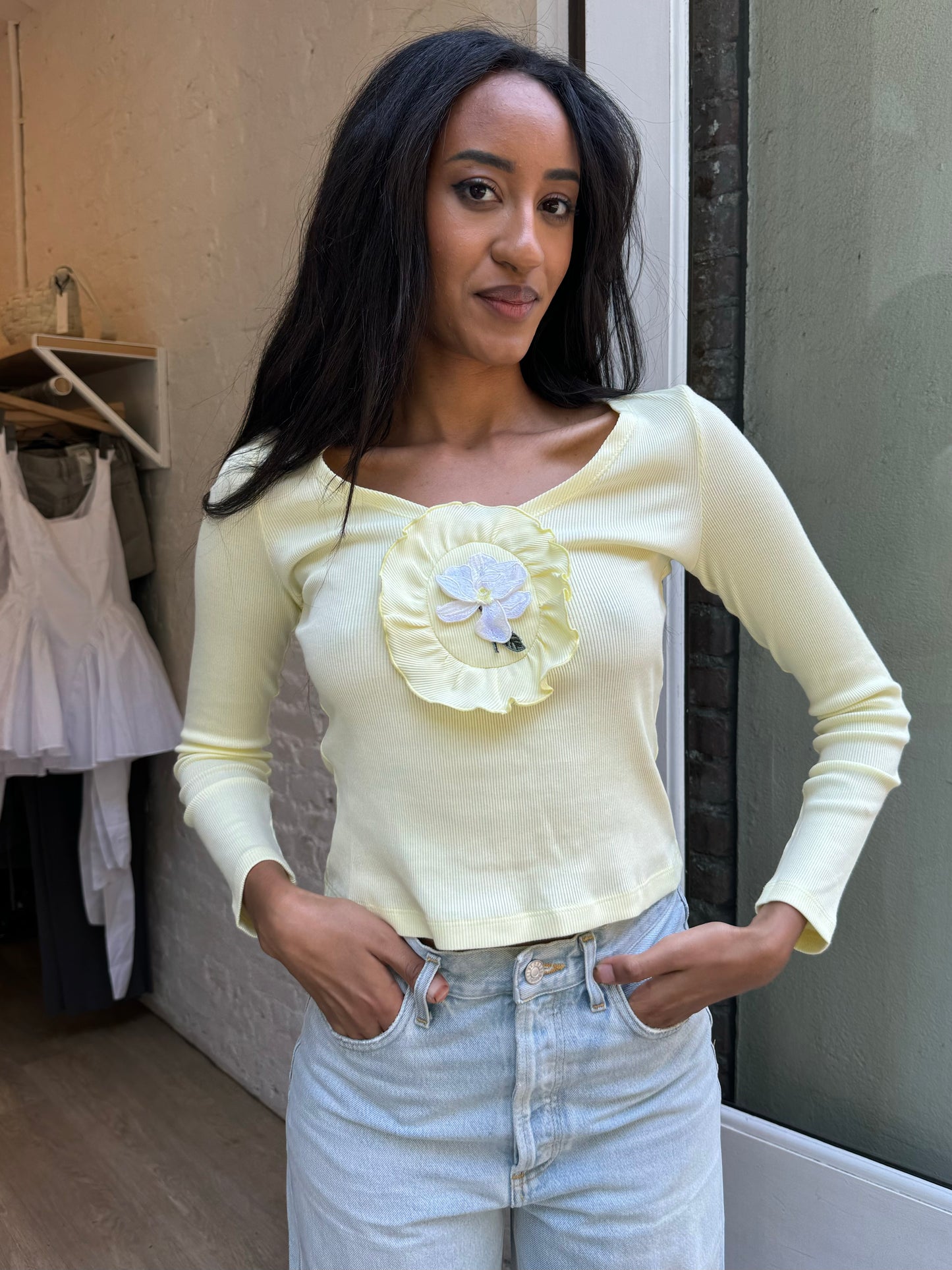 Sandra Rib Jersey Top in Light Yellow