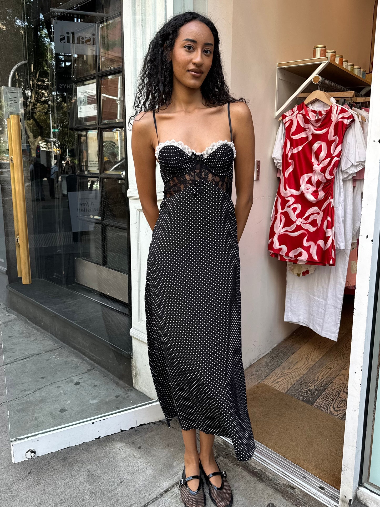 Joan Midi Dress in Black Lace Polka Dot