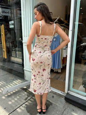 Denali Mesh Midi Dress in Tan Floral