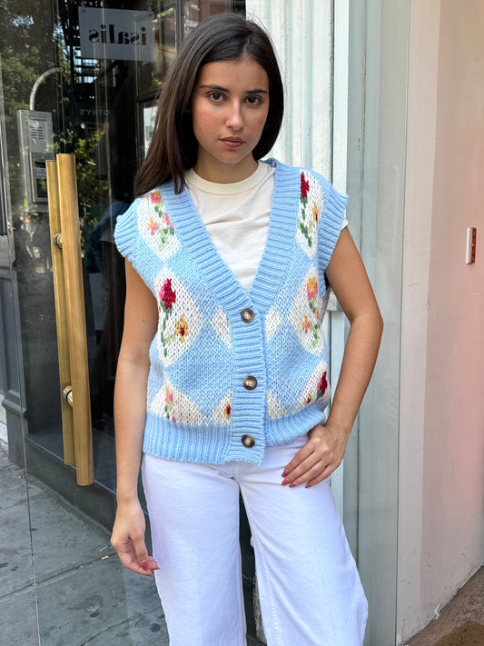 Grandpa Vintage Floral Vest in Sky