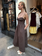 Dorothy Tie Strap Corset Maxi Dress in Brown