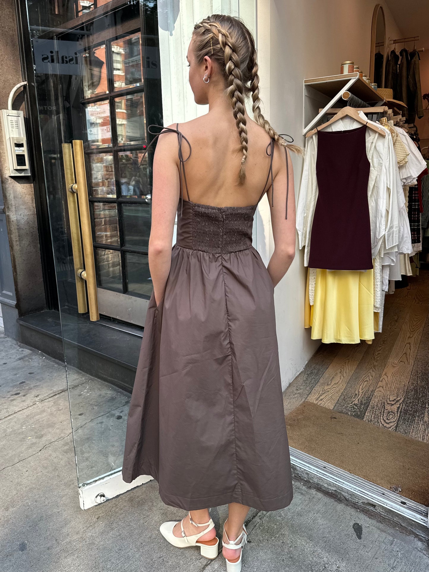 Dorothy Tie Strap Corset Maxi Dress in Brown