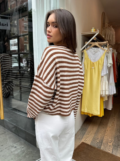 Pisces Button Down Cardigan in Brown & Ivory Stripe