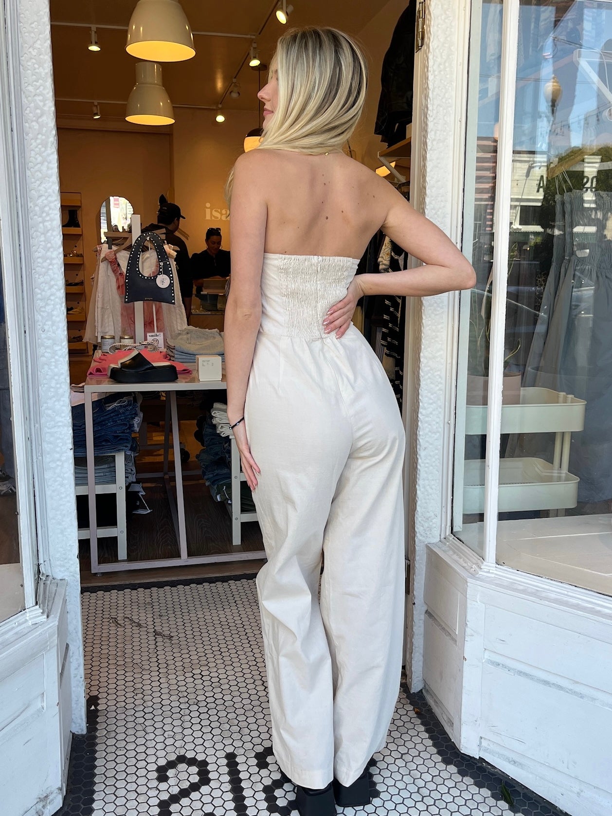 June Strapless Linen Jumpsuit in Natural