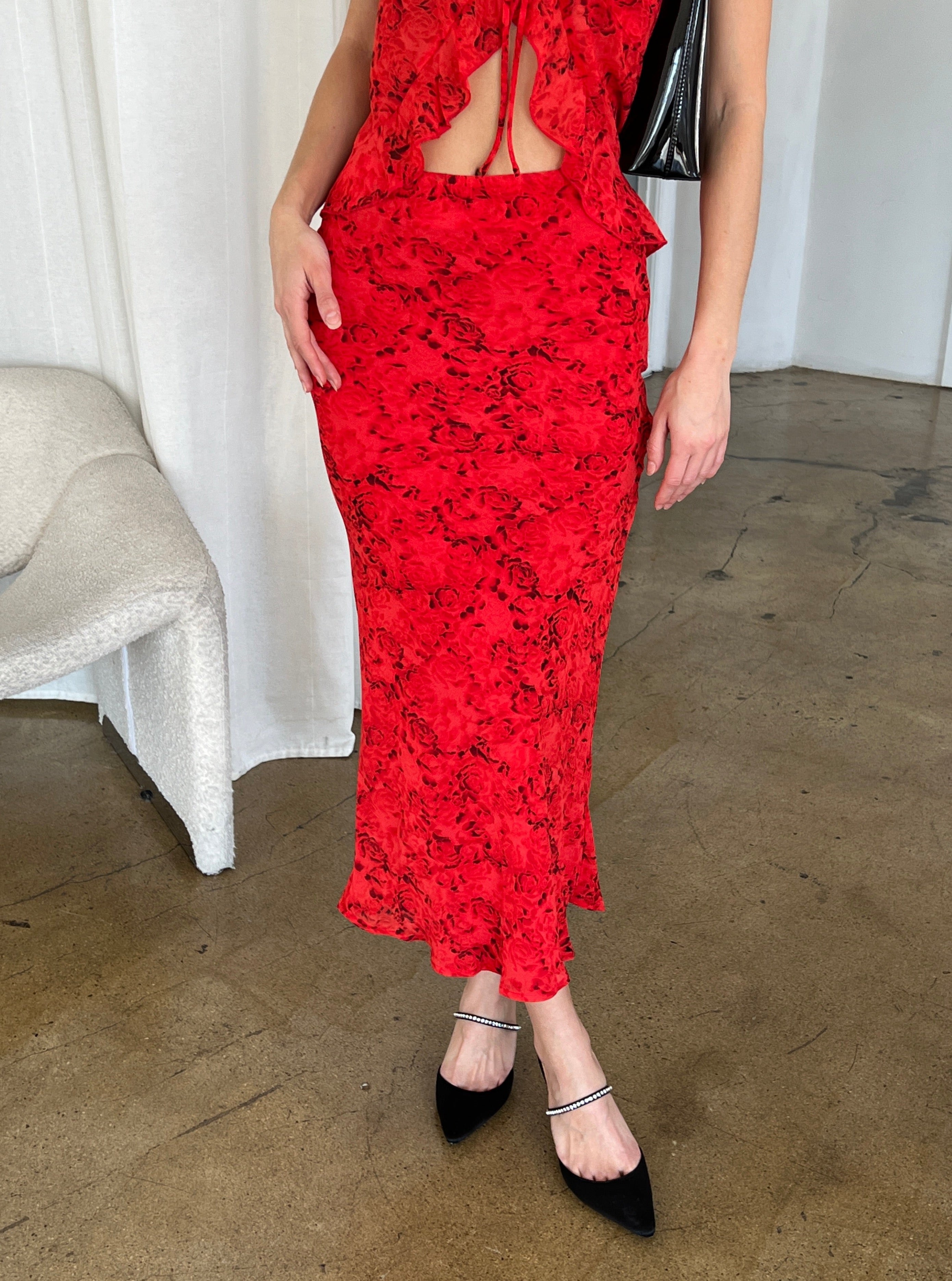 Ruby Maxi Skirt in Red Floral