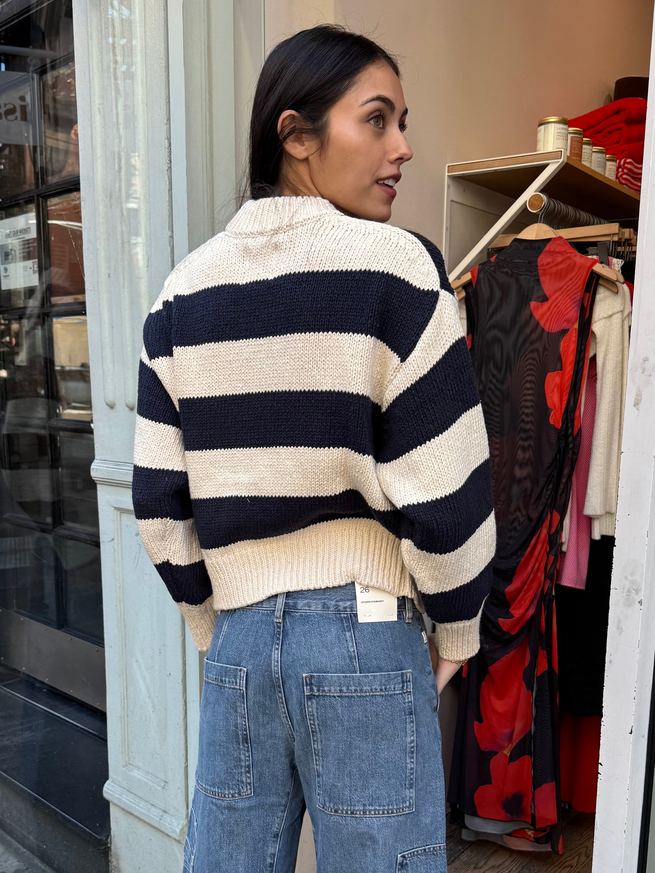 Zoe Cotton Sweater in Navy Stripe