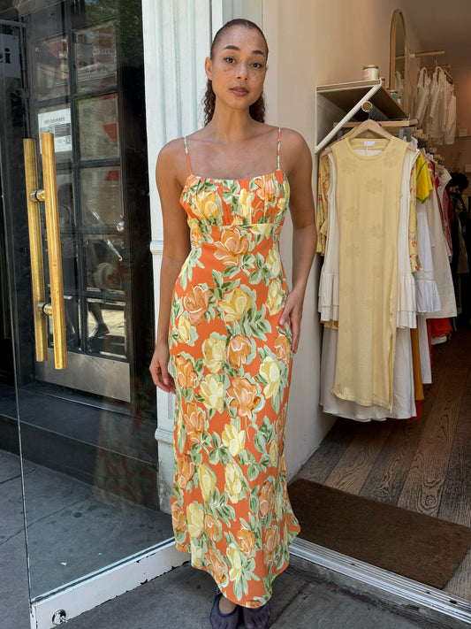 Velma Midi Dress in Apricot Painted Floral