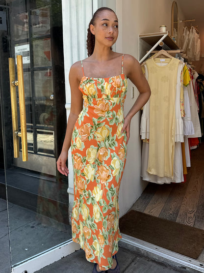 Velma Midi Dress in Apricot Painted Floral