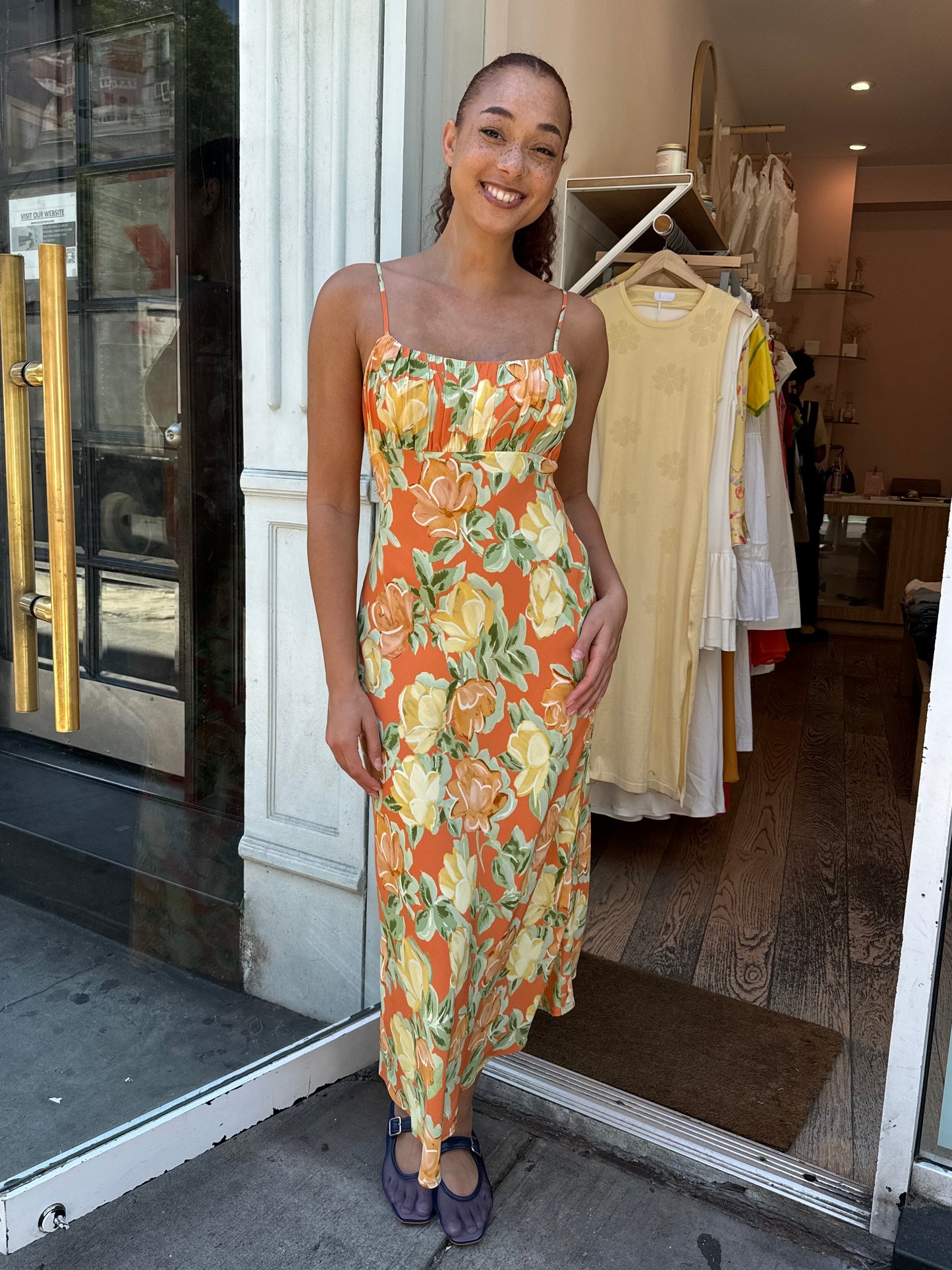 Velma Midi Dress in Apricot Painted Floral