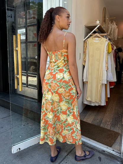 Velma Midi Dress in Apricot Painted Floral