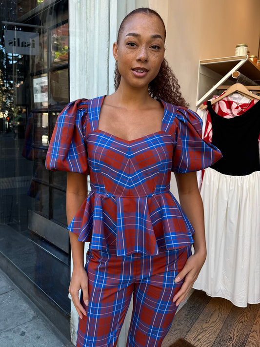 Kaia Top in Red Blue Plaid