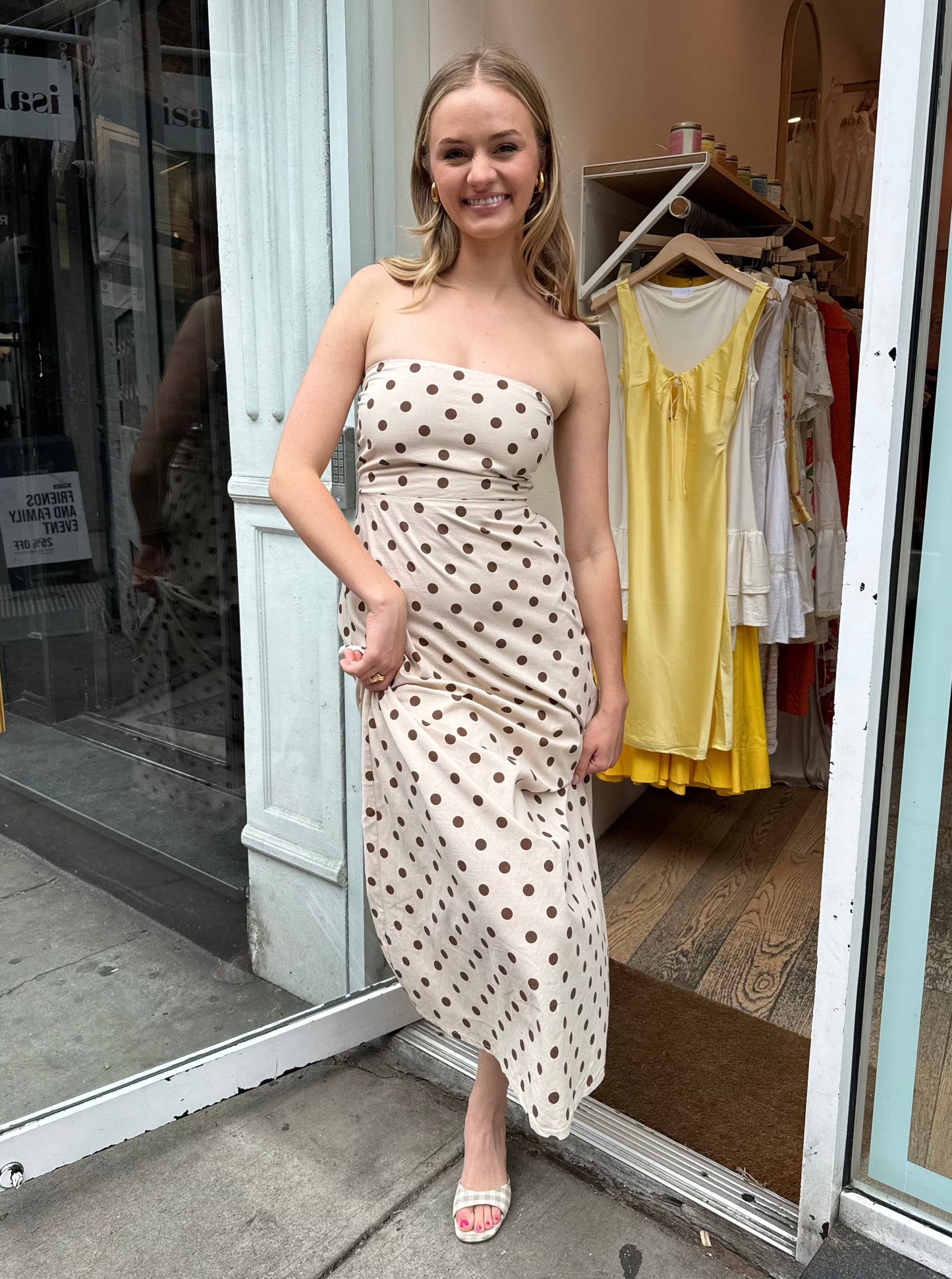 Townes Strapless Dress in Brown Dot